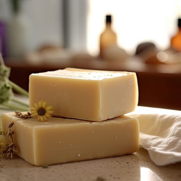 Bars of natural handmade soap with herbs and flowers illuminated by the morning sun. Generated by AI.